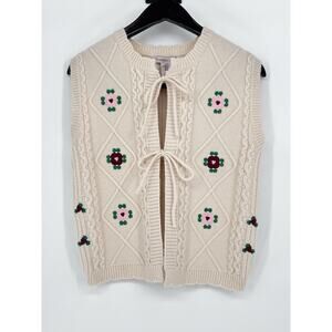 Sincerely Jules Soft Cream Crochet Sweater Tie Front Embroidered Vest Women’s XS